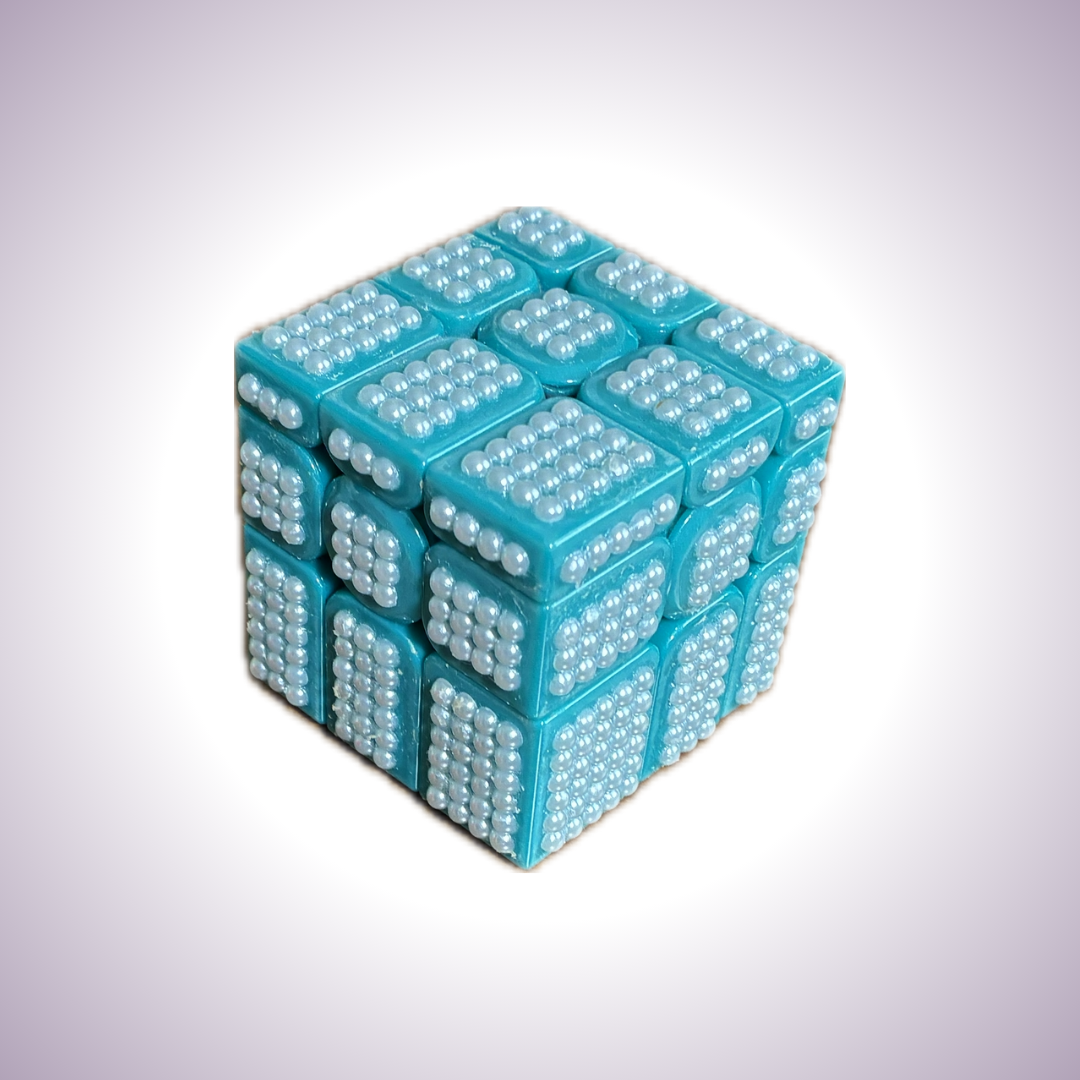 Solved teal mirror cube with white pearls