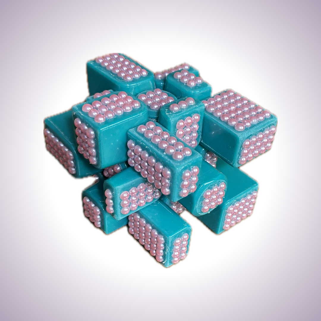 Teal mirror cube with pink pearls